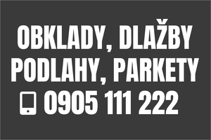 Biela masívna nálepka na auto: OBKLADY, DLAŽBY, PODLAHY A PARKETY, pokládka plávajúcej podlahy, stavebná reklama na auto s telefónom