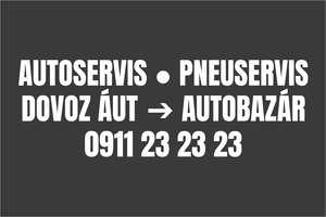 Biela masívna nálepka na auto: AUTOSERVIS A PNEUSERVIS, dovoz áut a autobazár, komplexné služby pre motorové vozidlá, reklama s telefónom