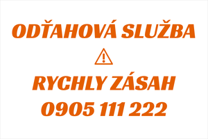 Oranžová nálepka na auto: ODŤAHOVÁ SLUŽBA - RÝCHLY ZÁSAH, odťahy vozidiel a pomoc pri nehodách, výstražná reklama s telefónom