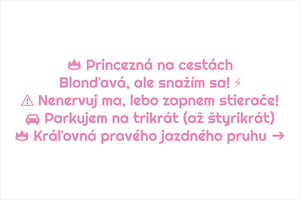 Ružový set 5 vtipných ženských sloganov na auto s textovými ikonami koruniek, autíčka a blesku