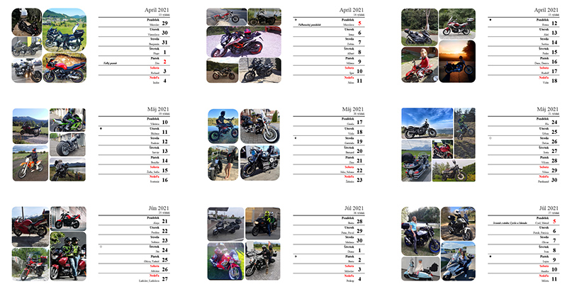 Stolový týždenný kalendár motocyklistického klubu s fotografiami z motovýletov